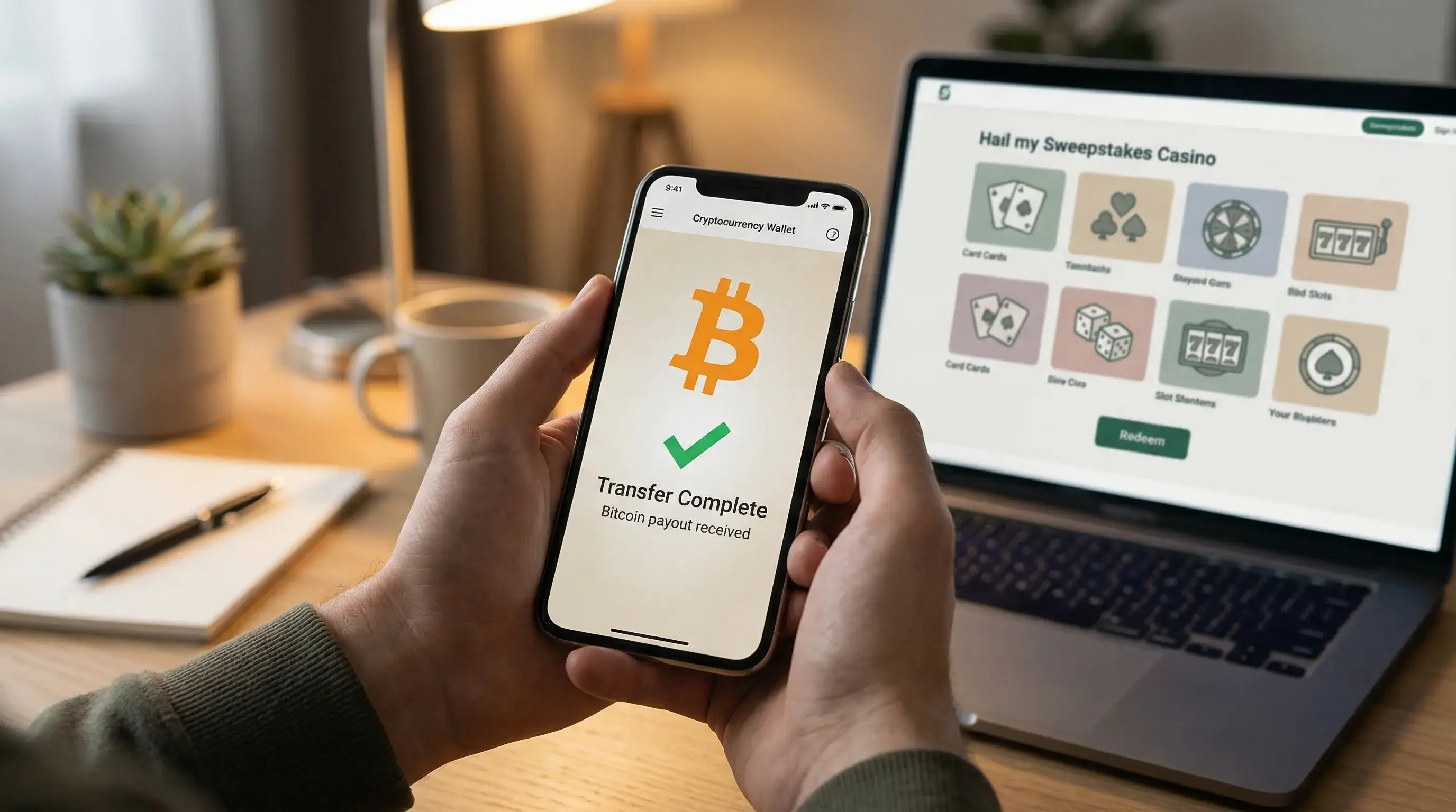 Sweepstakes casino crypto payout with Bitcoin symbol